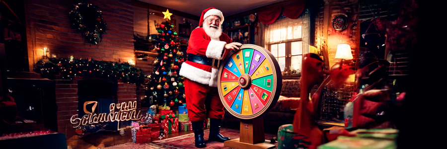 Viejo pascuero con una tómbola para el sorteo navideño